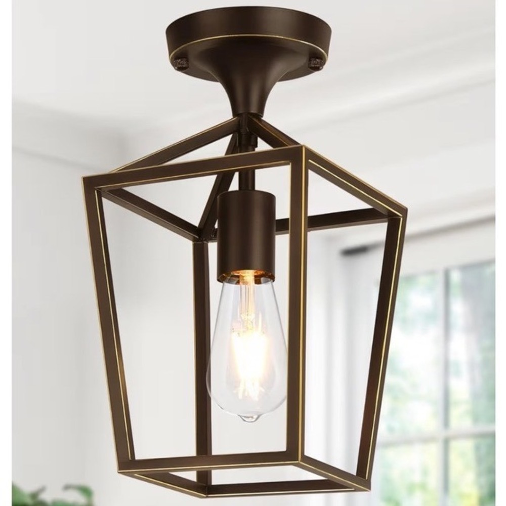 Lynnoland Brown Industrial Semi Flush Mount Ceiling Light Farmhouse Metal Cage